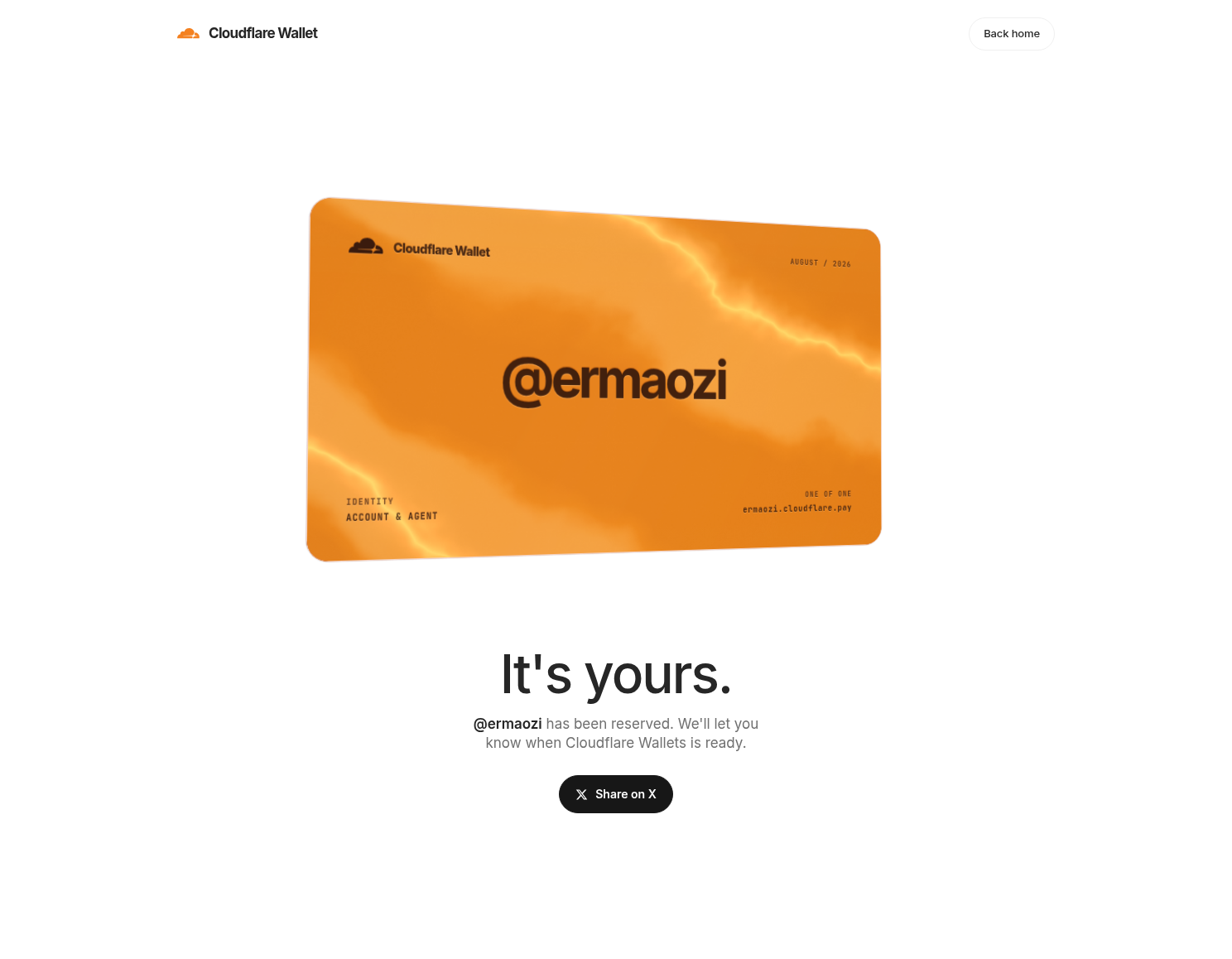 Cloudflare Wallet @ermaozi 名称预留成功页面,页面提示 Wallet 尚未正式开放