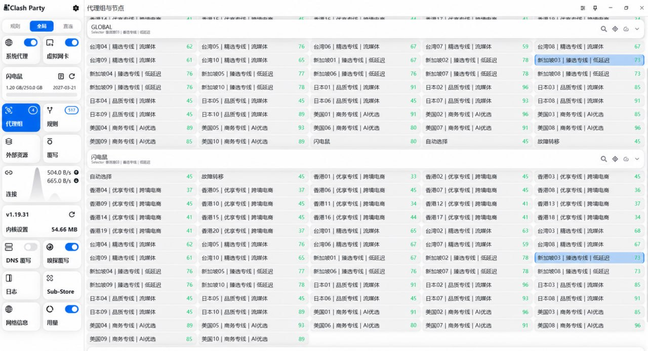 Shandianshu node list and latency in Clash Party